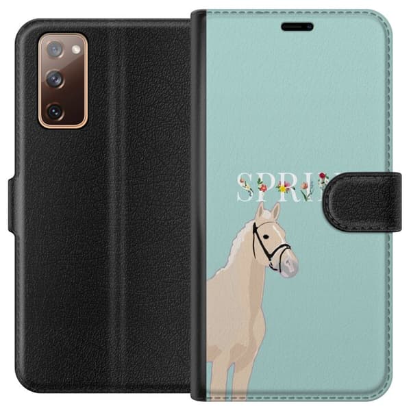 Kompatibel Tegnebogsetui til Samsung Galaxy S20 FE Lys hest med blomster og teksten "Spring" på mintgrøn baggrund grøn