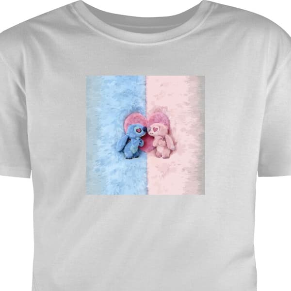 T-shirt til Voksen Grå X-Large Søde blå og lyserøde figurer foran et stort lyserødt hjerte grå XL