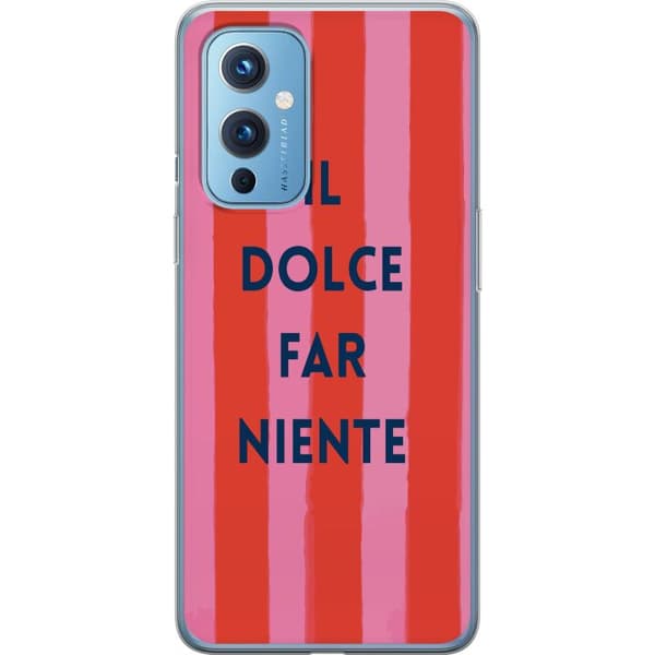 Kompatibel Mobilcover til OnePlus 9 Teksten Il Dolce Far Niente i mørkeblåt mod håndmalede rosa og røde striber pink
