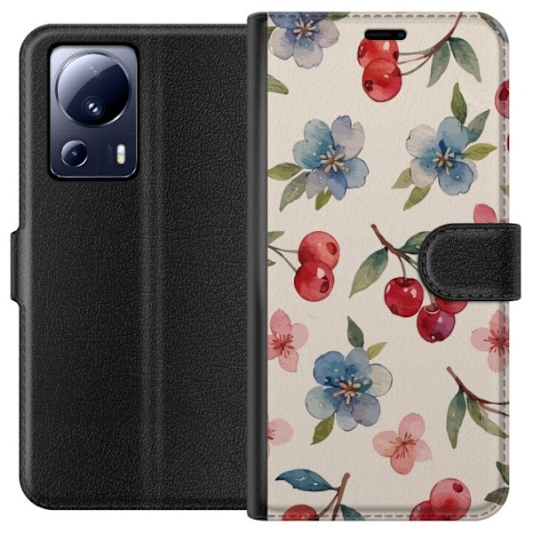Xiaomi 13 Lite Plånboksfodral Bär & Blommor – mönster med blå blommor och skogsbär