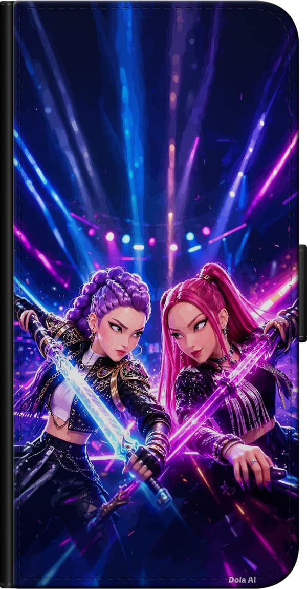Kompatibel Tegnebogsetui til Xiaomi Redmi Note 9 Pro To animepiger med blå og rosa lysende sværd