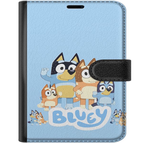 Kompatibel Tegnebogsetui til Apple iPhone Duo Bluey og hundefamilien sammen på lyseblå baggrund blå