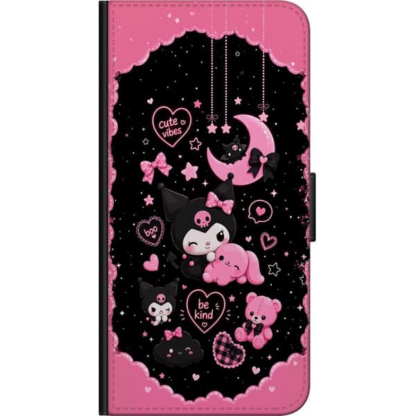 Kompatibel Tegnebogsetui til Xiaomi Redmi Note 9 Pro Søde rosa og sorte gothfigurer med hjerter, måne, stjerner og positiv tekst sort