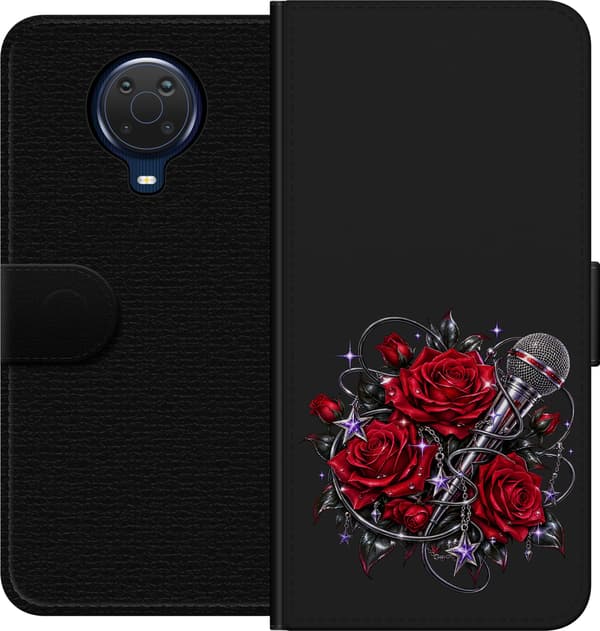Kompatibel Tegnebogsetui til Nokia G20 Røde roser med sort mikrofon, sølvfarvede stjerner og lilla detaljer rød