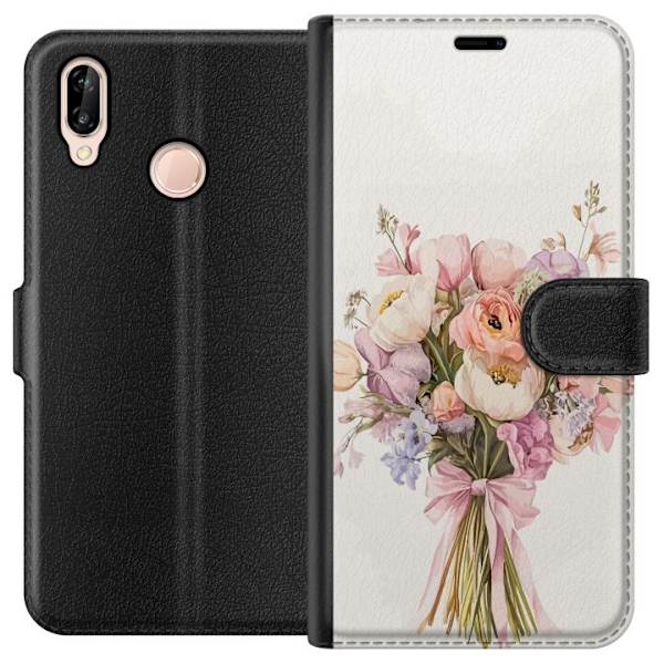 Huawei P20 lite Lompakkokotelo Kännykkäkuori värikkäällä kukkakimpulla romanttisessa tyylissä
