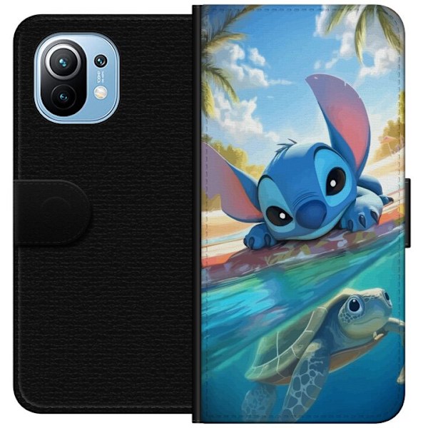 Xiaomi Mi 11 Plånboksfodral Stitch med sköldpadda – söt blå alien i tropisk strandmiljö från Disney