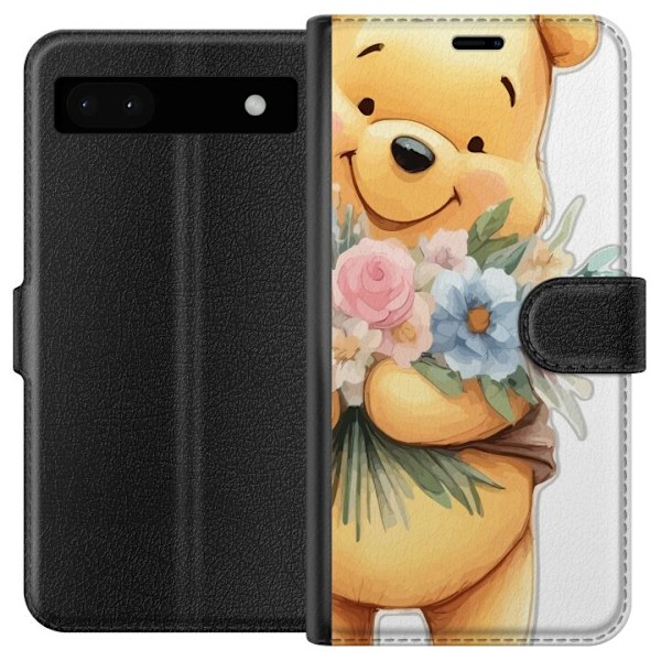 Google Pixel 6a Lompakkokotelo Nalle Puh kukkien kanssa - klassinen lasten suosikki kukkivassa keväisympäristössä