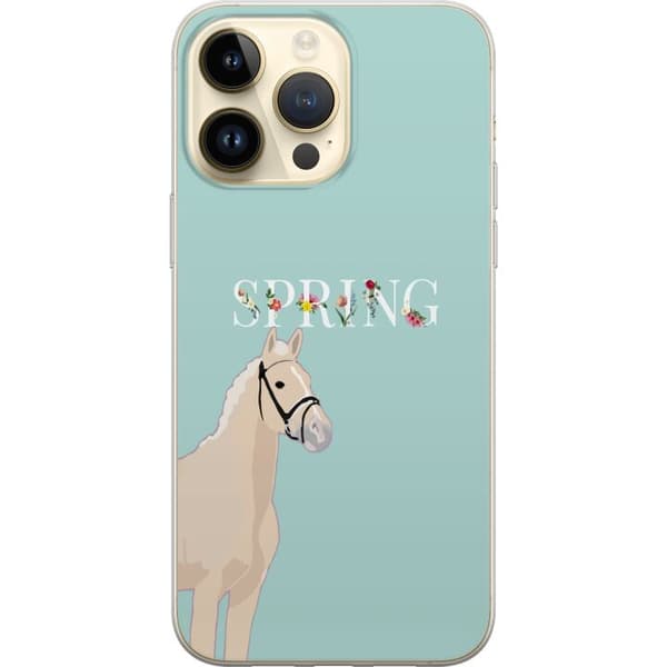 Kompatibelt Mobildeksel til Apple iPhone 14 Pro Max Lys hest med blomster og teksten "Spring" mot mintgrønn bakgrunn grønn