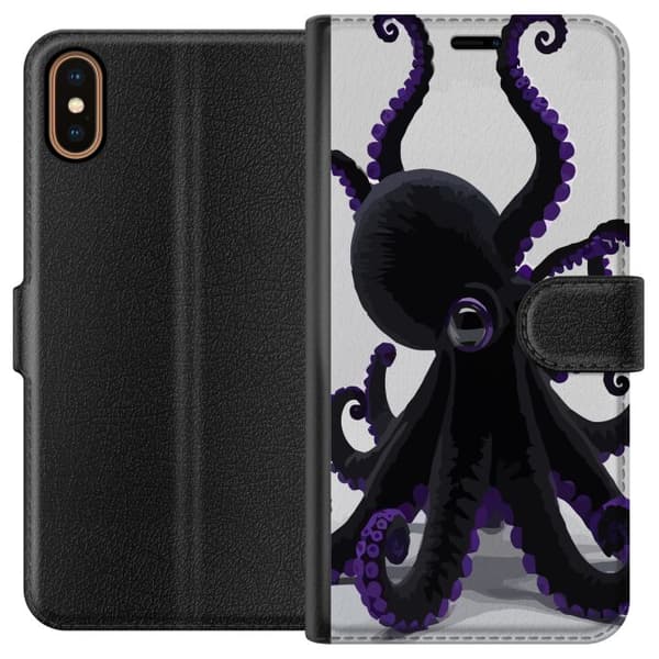 Kompatibel Tegnebogsetui til Apple iPhone X Sort blæksprutte med lilla detaljer i et elegant havtema mod en lys baggrund sort