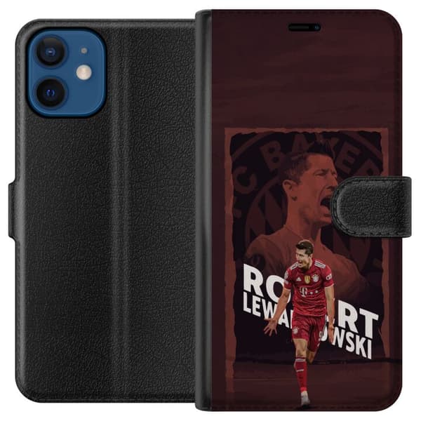 Kompatibel Tegnebogsetui til Apple iPhone 12 mini Robert Lewandowski i mørkerød collage - fodboldmotiv i sort og mørkerød sort