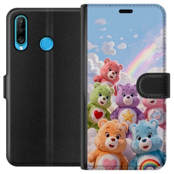 Kompatibel Tegnebogsetui til Huawei P30 lite Søde farverige bamser med hjerter, stjerne og regnbue blandt bløde skyer blå
