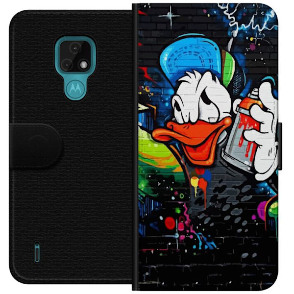 Motorola Moto E7 Tegnebogsetui Kalle Anka Graffiti Disney Design Sjovt Børnemotiv Farve Grafisk Populær Serie Ikonisk Disneyfigur