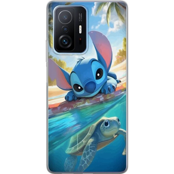 Xiaomi 11T Genomskinligt Skal Stitch med sköldpadda – söt blå alien i tropisk strandmiljö från Disney