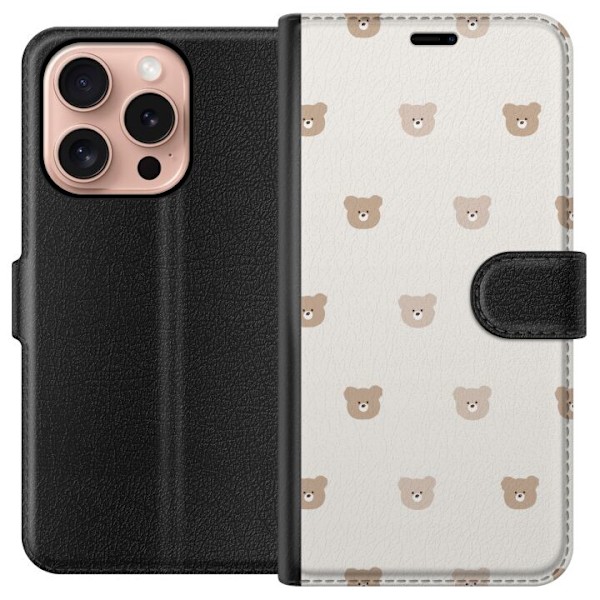 Apple iPhone 16 Pro Tegnebogsetui Teddybaggrund - søde teddybjørne mod en blød baggrund