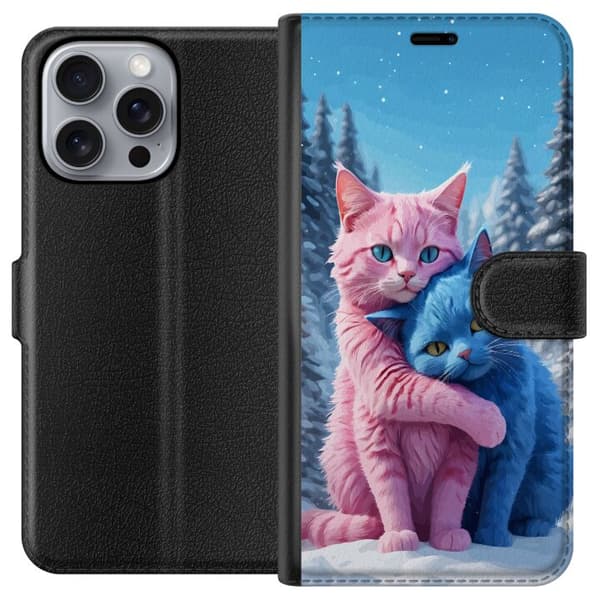 Kompatibel Tegnebogsetui til Apple iPhone 16 Pro Max Søde lyserøde og blå katte, der krammer i sneklædt vinterlandskab blå