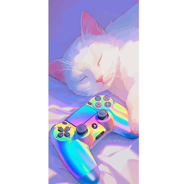 Kompatibel Tegnebogsetui til Apple iPhone 13 Pro Drømmende kat ved siden af farverig spilcontroller i bløde neonfarver og gamingtema. lilla
