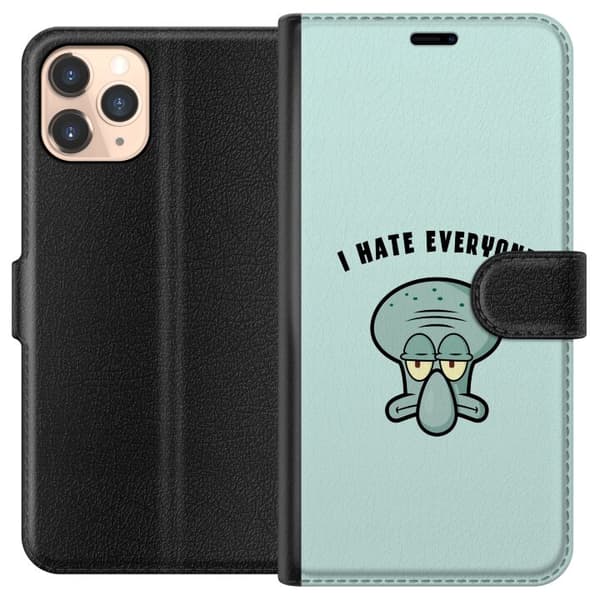 Kompatibel Tegnebogsetui til Apple iPhone 11 Pro Tegnet utilfreds blækspruttefigur med teksten I Hate Everyone på lyse turkis baggrund blå