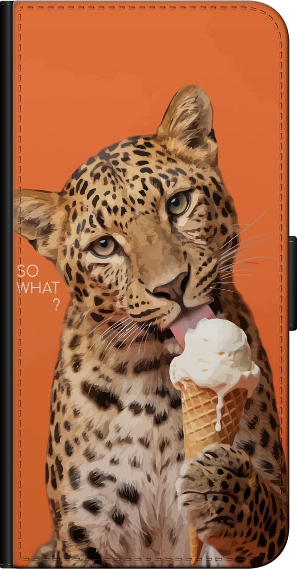 Kompatibel Tegnebogsetui til Xiaomi Redmi Note 9 4G Leopard med en hvid is i kræmmerhus mod orange baggrund orange