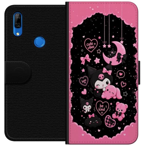 Kompatibel Tegnebogsetui til Huawei P Smart Z Søde lyserøde og sorte gothfigurer med hjerter, måne, stjerner og positiv tekst sort