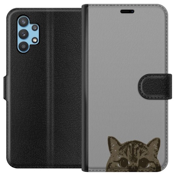 Samsung Galaxy A32 5G Lommeboketui Grå Kattblikk - stilren katte design med grå bakgrunn
