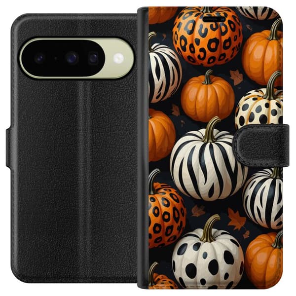 Kompatibel Tegnebogsetui til Google Pixel 11 Efterårsmotiv med orange og hvide græskar dekoreret med leopard-, zebra- og prikkemønstre orange