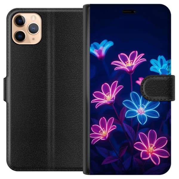 Kompatibel Tegnebogsetui til Apple iPhone 11 Pro Max Blåt og lyserødt motiv med lysende neonblomster mod mørk baggrund blå