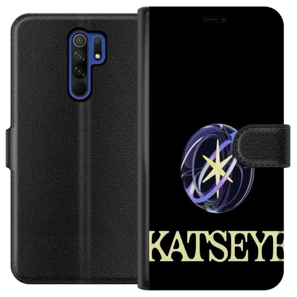 Kompatibel Tegnebogsetui til Xiaomi Redmi 9 KATSEYE-logo med gul stjerne, lilla omløbsringe og lys typografi mod sort baggrund sort