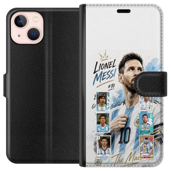 Kompatibel Tegnebogsetui til Apple iPhone 13 mini Lionel Messi med argentinske farver og klassiske samleobjektkort i collage blå