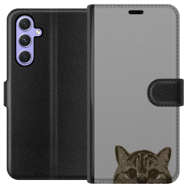 Samsung Galaxy A54 Tegnebogsetui Grå Katteblik - stilfuld kat design med grå baggrund