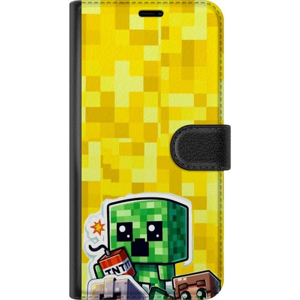 Kompatibel Tegnebogsetui til Apple iPhone 17 Pro Max Spilinspireret motiv med grønne pixelkarakterer, dynamit og knaldgul pixeleret baggrund gul