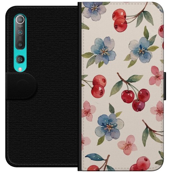 Xiaomi Mi 10 5G Lommeboketui Bær & Blomster - mønster med blå blomster og skogsbær