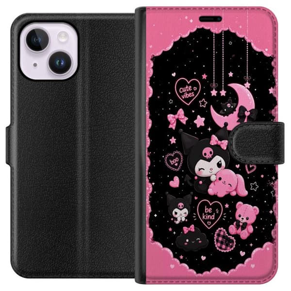 Kompatibel Tegnebogsetui til Apple iPhone 15 Plus Søde lyserøde og sorte gothfigurer med hjerter, måne, stjerner og positiv tekst sort