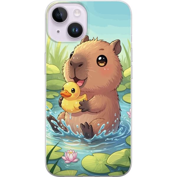 Kompatibelt Mobildeksel til Apple iPhone 15 søt capybara bader i dam og holder gul gummidukk blant vannliljer