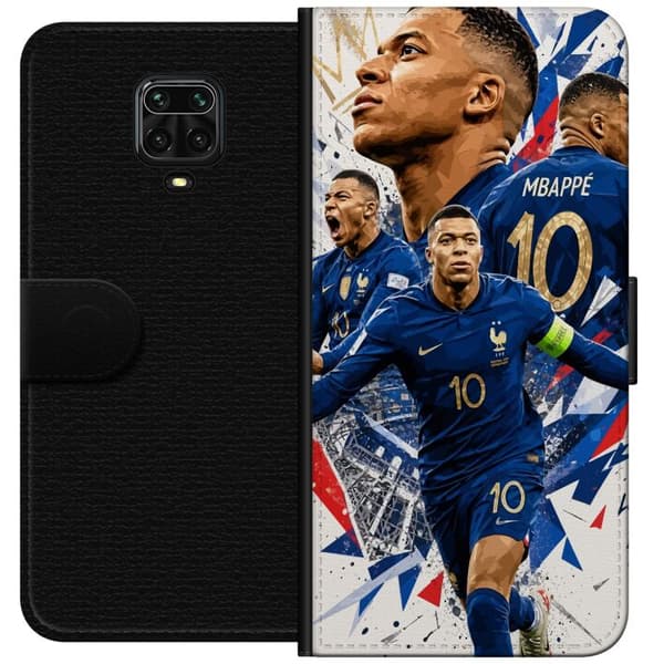Kompatibel Tegnebogsetui til Xiaomi Redmi Note 9 Pro Kylian Mbappé i dynamisk fodboldcollage med blå, hvide og røde detaljer blå