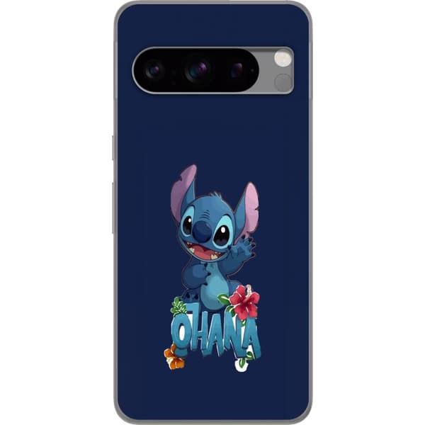 Kompatibel Mobilcover til Google Pixel 8 Pro Charmerende blå tegnet figur, der vinker over tekst og tropiske hibiscusblomster mod mørkeblå baggrund blå