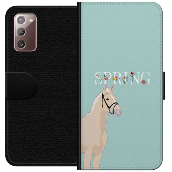 Kompatibel Tegnebogsetui til Samsung Galaxy Note20 Lys hest med blomster og teksten "Spring" på mintgrøn baggrund grøn
