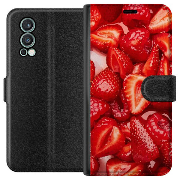 OnePlus Nord 2 5G Tegnebogsetui Jordbærmønster - sødt motiv med sommerstemning