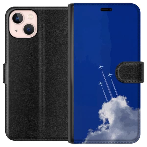 Kompatibel Tegnebogsetui til Apple iPhone 13 mini Tre hvide fly med kondensstriber, der stiger over en stor hvid sky mod den blå himmel blå