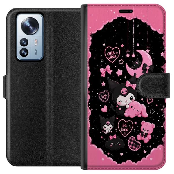 Kompatibel Tegnebogsetui til Xiaomi 12 Pro Søde lyserøde og sorte gothfigurer med hjerter, måne, stjerner og positiv tekst sort