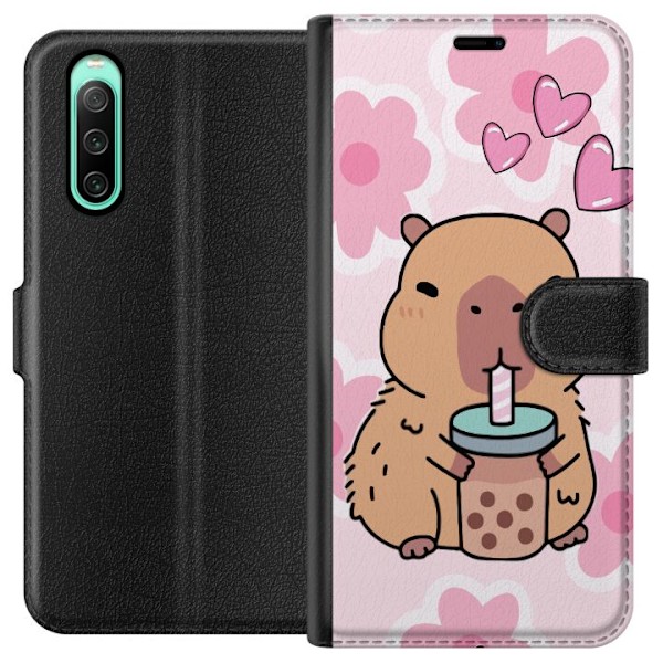 Sony Xperia 10 IV Plånboksfodral Kawaii Capybara Hjärtan Anime Stil Söt Design Djurmotiv TikTok Populärt Present Tjej