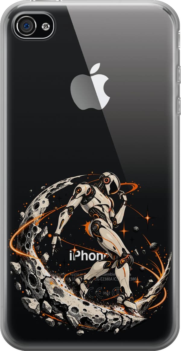 Kompatibelt Mobildeksel til Apple iPhone 4 Sølvfarget robot på en steinete månesigd blant oransje stjerner og baner sølv