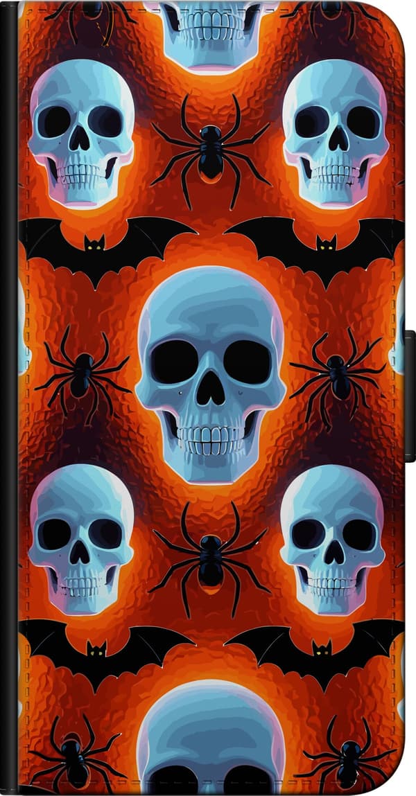 Kompatibel Tegnebogsetui til Xiaomi Redmi Note 10S Blå kranier, sorte edderkopper og flagermus på orange baggrund orange