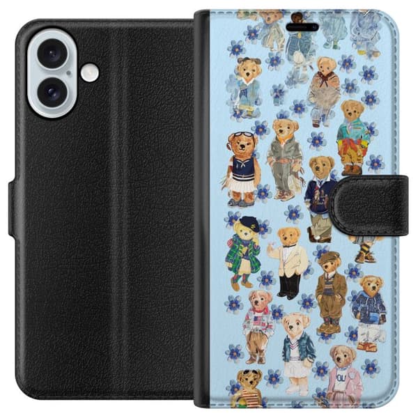 Kompatibel Tegnebogsetui til Apple iPhone 16 Plus Søde bamser i trendy tøj med blå blomster blå
