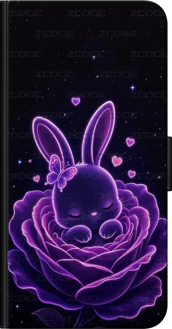 Kompatibel Tegnebogsetui til Huawei P40 lite E Lilla neonkanin i en lysende rose med små hjerter mod sort baggrund sort