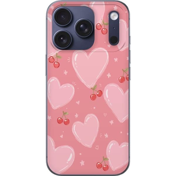 Kompatibelt Mobildeksel til Apple iPhone 18 Pro Rosa mønster med store hjerter, røde kirsebær og små stjerner rosa