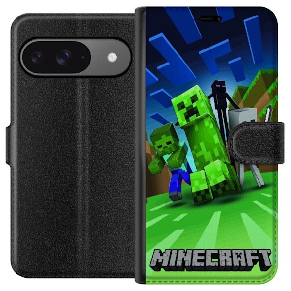 Google Pixel 9 Pro Plånboksfodral Minecraft Creeper mobilskal i klassisk grön pixelstil