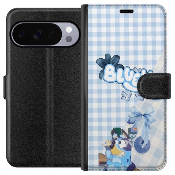 Kompatibel Tegnebogsetui til Google Pixel 10 Pro XL Bluey med blå sløjfe og ternet baggrund blå