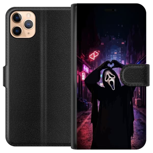 Kompatibel Tegnebogsetui til Apple iPhone 11 Pro Max Sort skrækmotiv med maskeret figur, hjertehænder og neonbelyst by sort