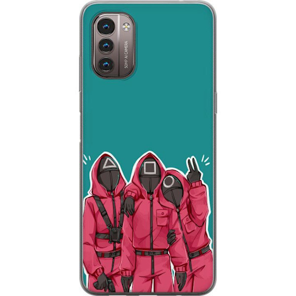 Nokia G21 Genomskinligt Skal Squid Game Karaktärer Grafisk Design Seriefigurer Populär TV Motiv Asiatisk Stil Spännande Trend