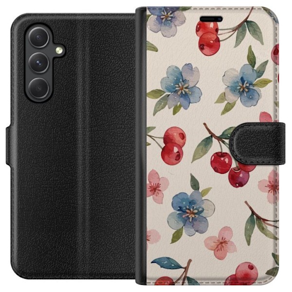 Samsung Galaxy A05s Plånboksfodral Bär & Blommor – mönster med blå blommor och skogsbär
